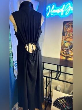 ASTR - Sleeveless Black Maxi Dress with Button-Front & Drawstring Open BacK~NWOT